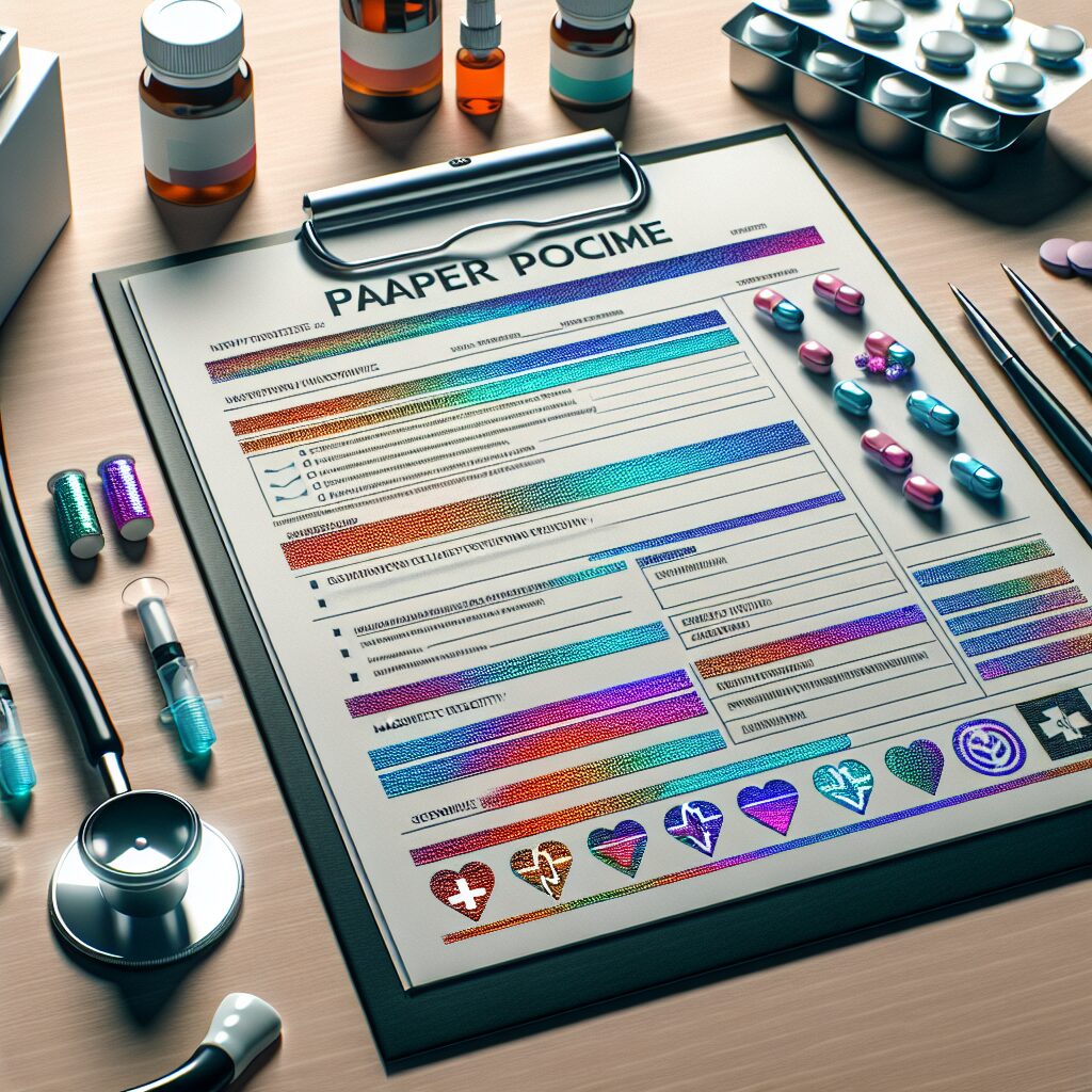 An official, secure-looking paper form with holographic stickers and magnetic ink on a doctor's desk, symbolizing new healthcare document policies.