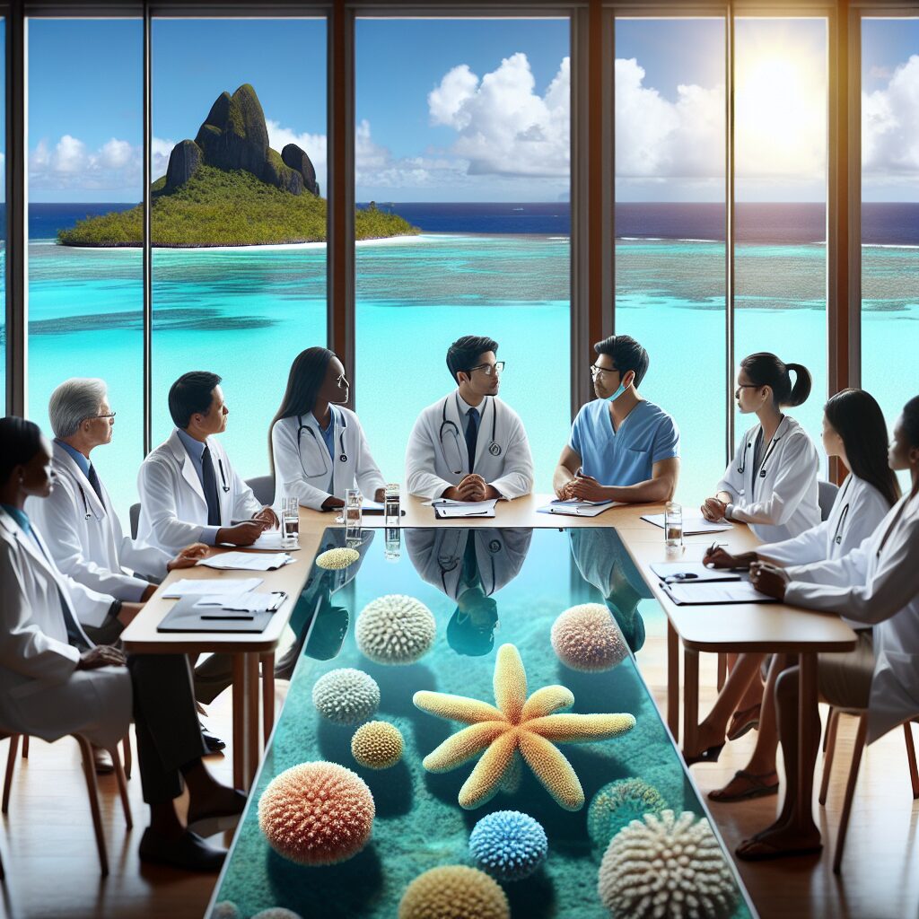A diverse group of healthcare experts and professionals in a meeting room, discussing infectious diseases management, with tropical island scenery visible through the windows, representing the Northern Islands of Saint-Martin and Saint-Barthélemy.