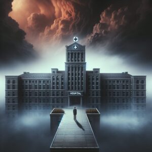 A dramatic yet respectful image illustrating a hospital building under a somber sky, symbolizing tragedy and reflecting the gravity of the reported incident. The image should convey a sense of seriousness without sensationalism, focusing on the architectural aspects of the hospital, possibly with a discrete human silhouette on the rooftop to subtly allude to the incident.