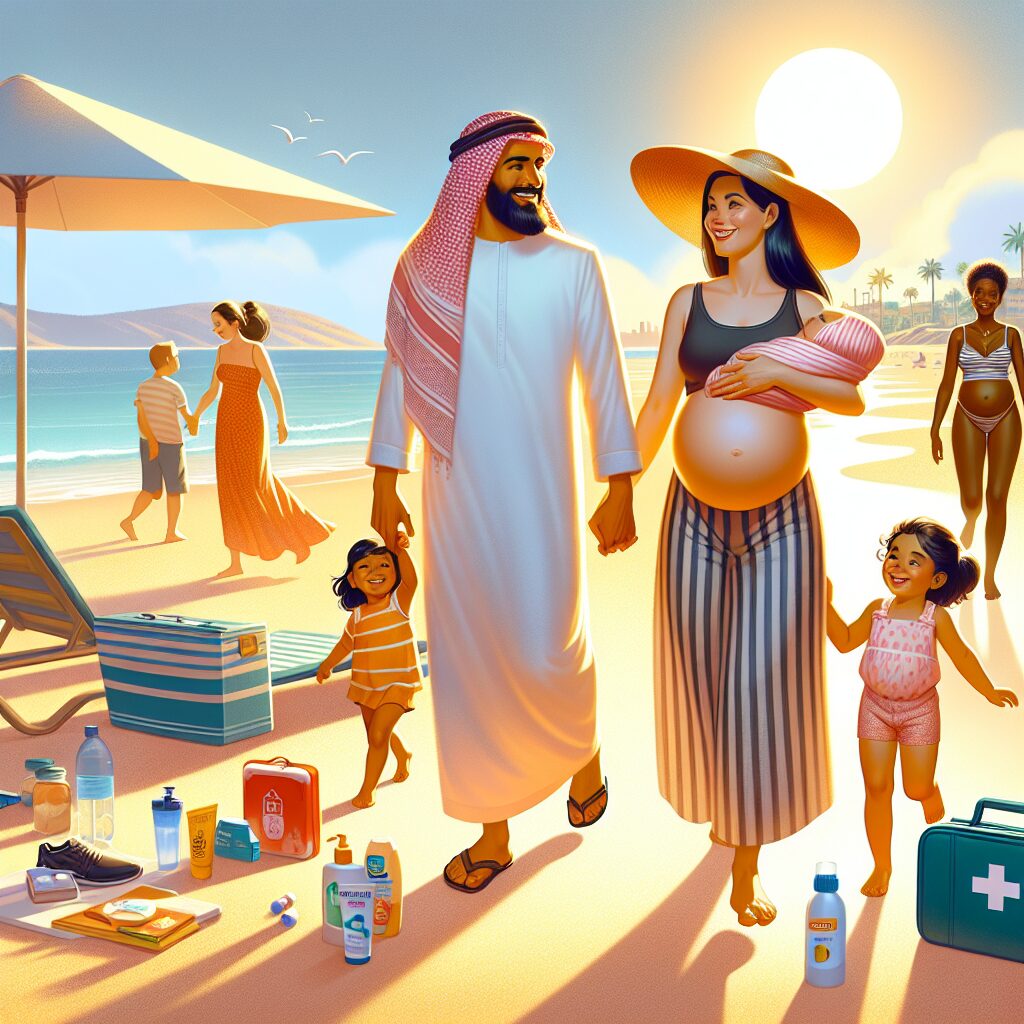 A serene summer scene with a beach setting; a family with kids playing under the sun, a pregnant woman happily walking with a sunhat, and essential items like sunscreen, a first-aid kit, and water bottles around. Warm colors and a relaxed ambiance.