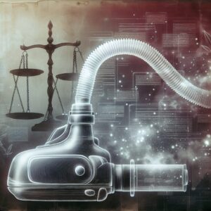 A detailed and somber illustration of a Philips sleep apnea device emitting harmful particles, with an overlay of legal documents and a silhouette of the scales of justice, symbolizing the legal battle and health hazards associated with the case. The image should reflect a serious and investigative tone, suitable for a news article about a health scandal.