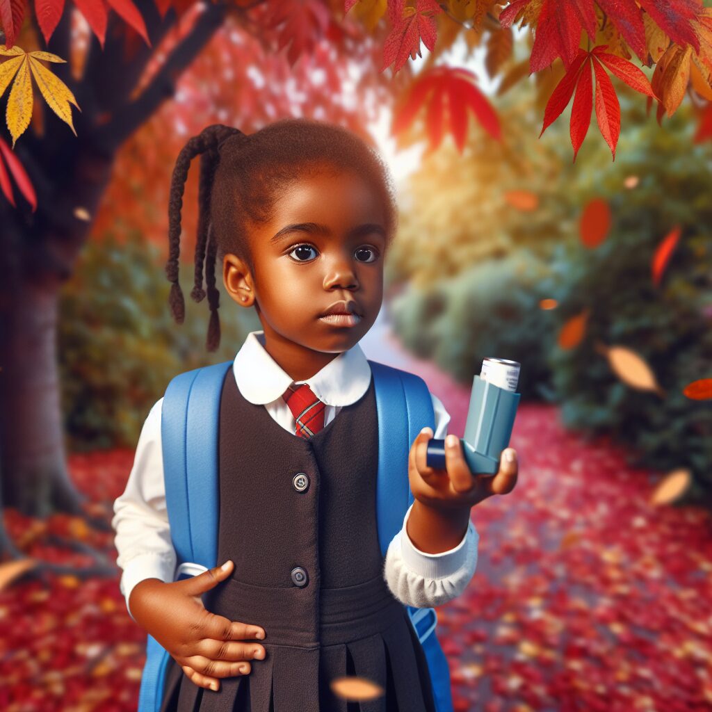 Image depicting a child in a school environment, looking thoughtfully at an inhaler, with an autumn setting to symbolize the back-to-school season.