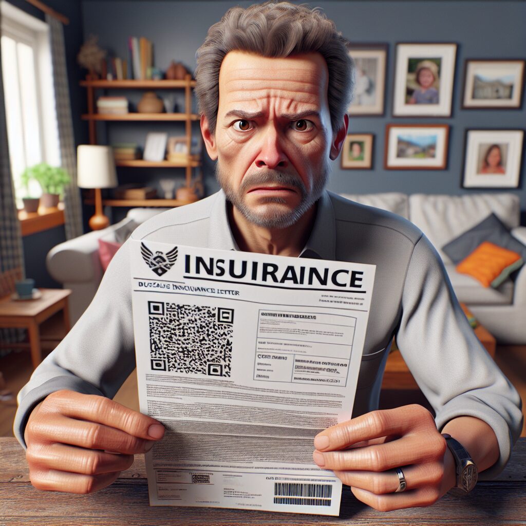 A realistic image showing a concerned person holding a suspicious letter with a QR code, depicting a typical scenario of a fraudulent insurance letter scam. The background should reflect a home environment, suggesting the letter was found in a mailbox.