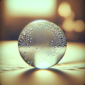 A close-up of a glass of water with a few drops of condensation on the outside, sitting on a table with a blurred background of a calm, stress-free environment. Soft lighting to create a soothing atmosphere.