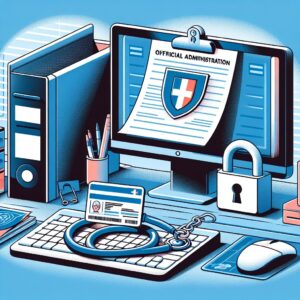 Illustration d'un bureau de médecin avec un formulaire Cerfa sécurisé et un ordinateur montrant une carte Vitale, symbolisant la sécurité renforcée contre la fraude aux arrêts de travail.