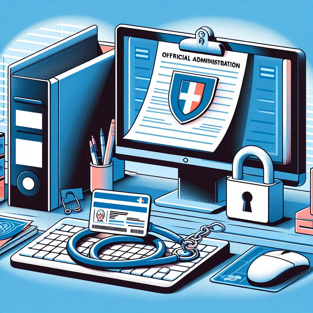 Illustration d'un bureau de médecin avec un formulaire Cerfa sécurisé et un ordinateur montrant une carte Vitale, symbolisant la sécurité renforcée contre la fraude aux arrêts de travail.