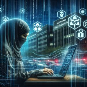 An illustration showing a hacker in action, with digital binary code and symbols representing data theft, behind a backdrop of regional health agency buildings in a dark, cyber-themed environment.