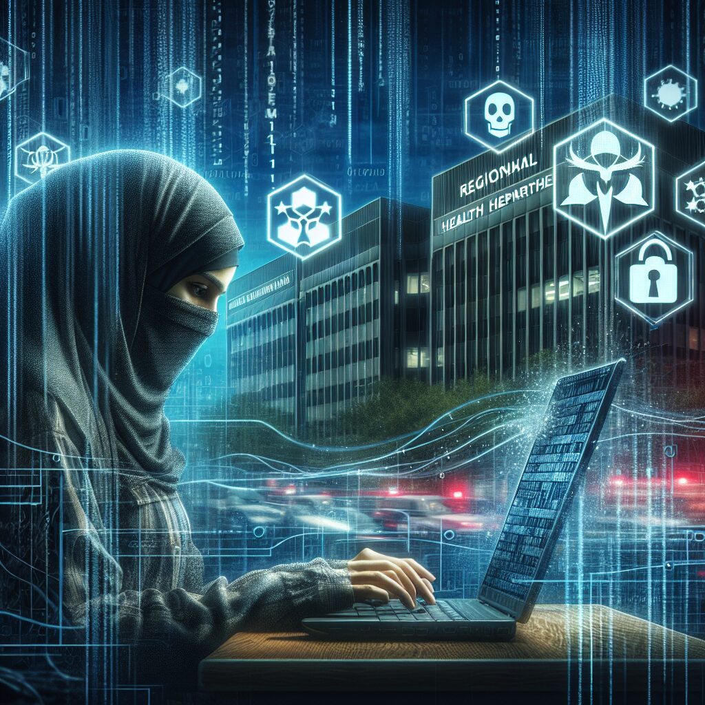 An illustration showing a hacker in action, with digital binary code and symbols representing data theft, behind a backdrop of regional health agency buildings in a dark, cyber-themed environment.
