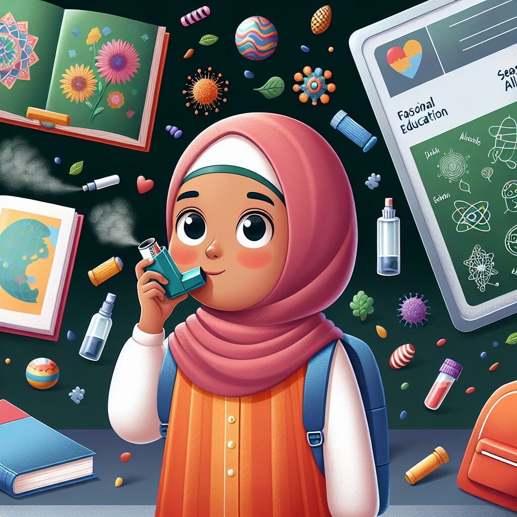 An illustration depicting a child with asthma, holding an inhaler, amidst a school environment filled with books, a backpack, and visible seasonal allergens like pollen.