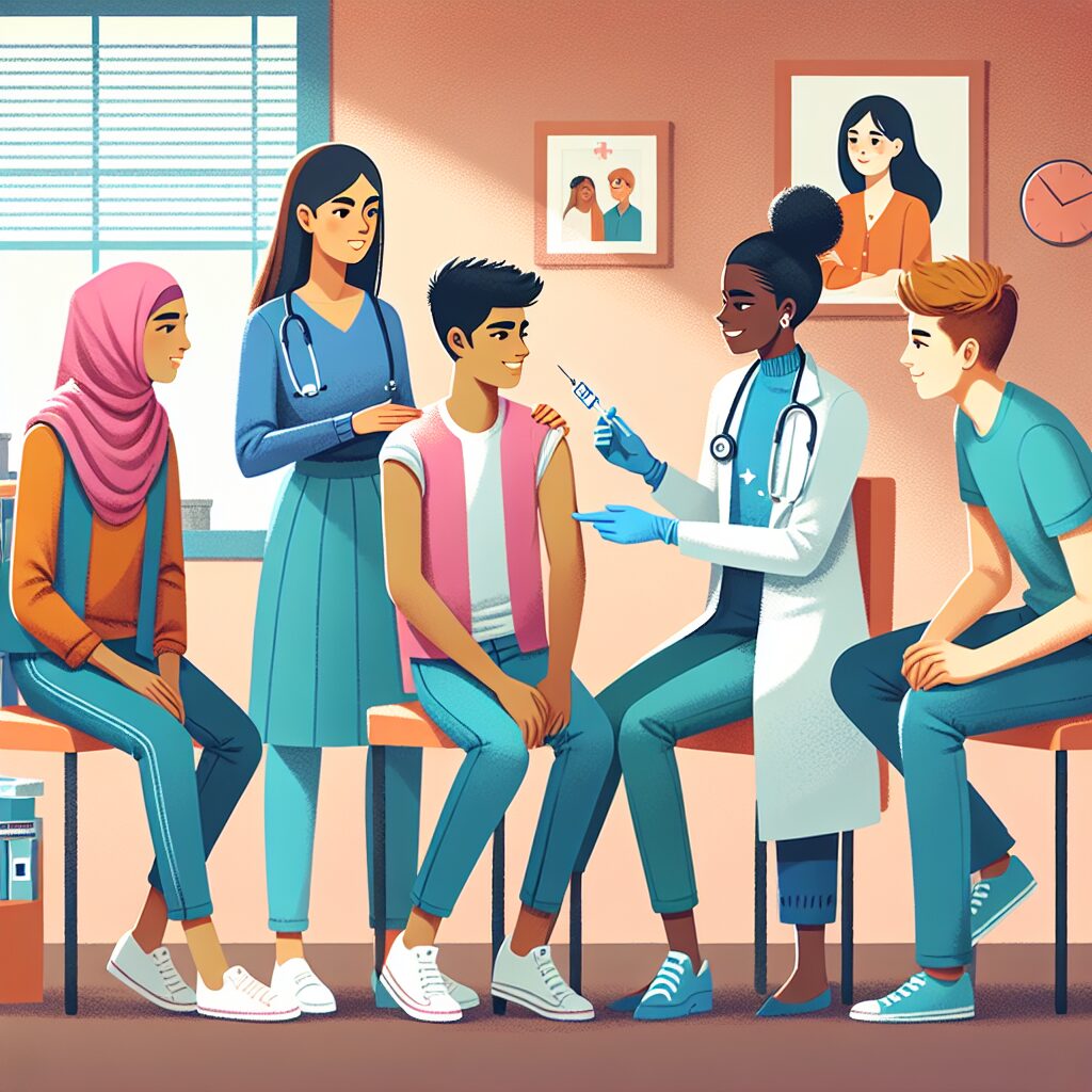 Illustration of a diverse group of adolescents receiving HPV vaccination in a healthcare setting. The scene should capture both boys and girls being vaccinated by a healthcare professional in a friendly and informative environment, promoting health and prevention.