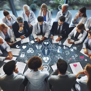A diverse group of healthcare professionals in a collaborative meeting, reviewing scientific data, surrounded by icons of health and prevention, symbolizing evidence-based medical strategies in a modern office setting in France.