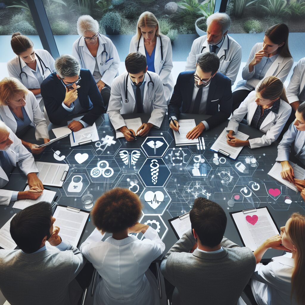 A diverse group of healthcare professionals in a collaborative meeting, reviewing scientific data, surrounded by icons of health and prevention, symbolizing evidence-based medical strategies in a modern office setting in France.