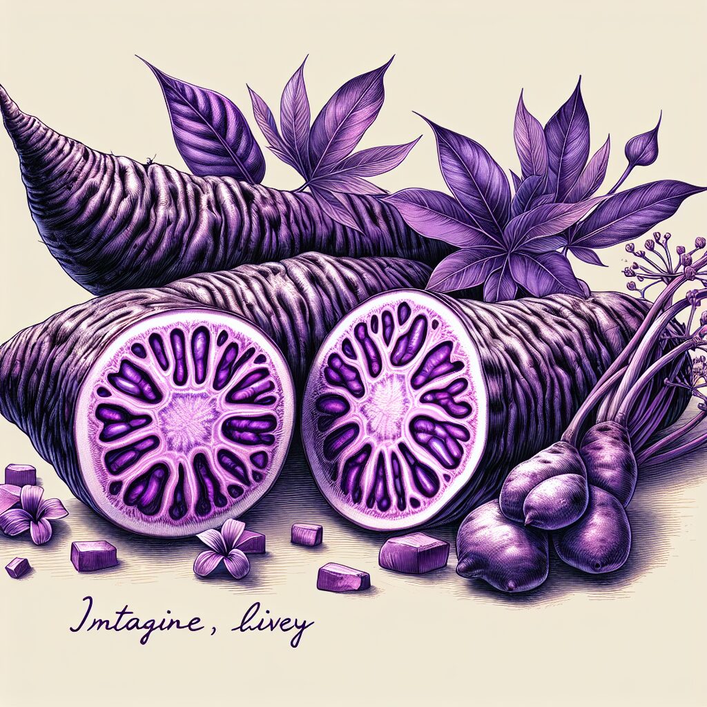 A vibrant, artistic representation of a purple yam (ube) with shades of deep violet, set against a background that emphasizes its rich color and texture. The yam is sliced open to reveal its fibrous interior and is accompanied by leaves or flowers native to the Philippines.