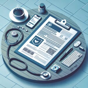 Illustration montrant un formulaire papier Cerfa sécurisé avec des éléments de sécurité visibles comme des hologrammes et de l'encre magnétique, sur un bureau de médecin.