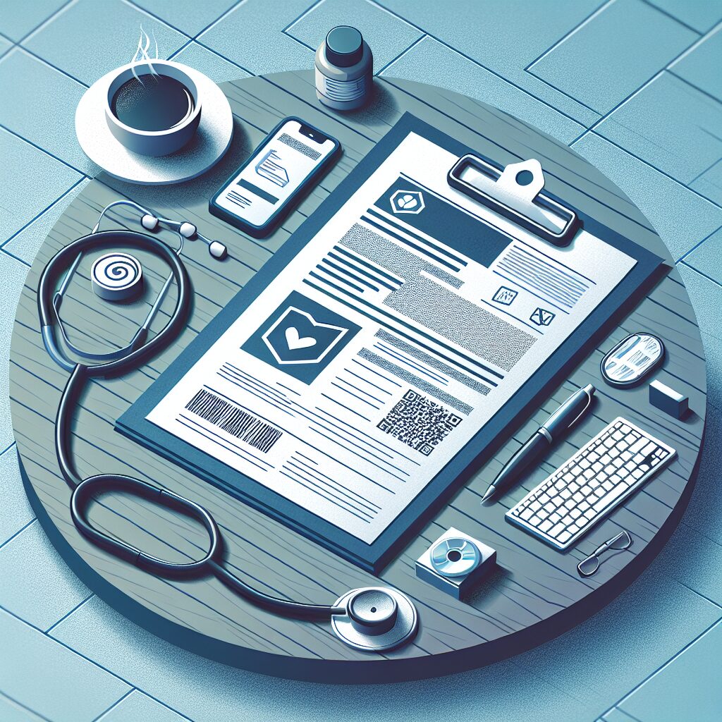 Illustration montrant un formulaire papier Cerfa sécurisé avec des éléments de sécurité visibles comme des hologrammes et de l'encre magnétique, sur un bureau de médecin.