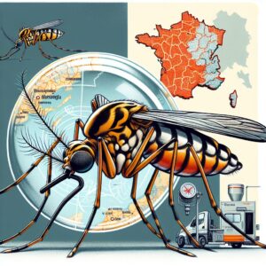 Image d'illustration d'un moustique tigre en gros plan, avec en arrière-plan des cartes de France montrant les zones touchées par le chikungunya, et des équipements de démoustication modernes.