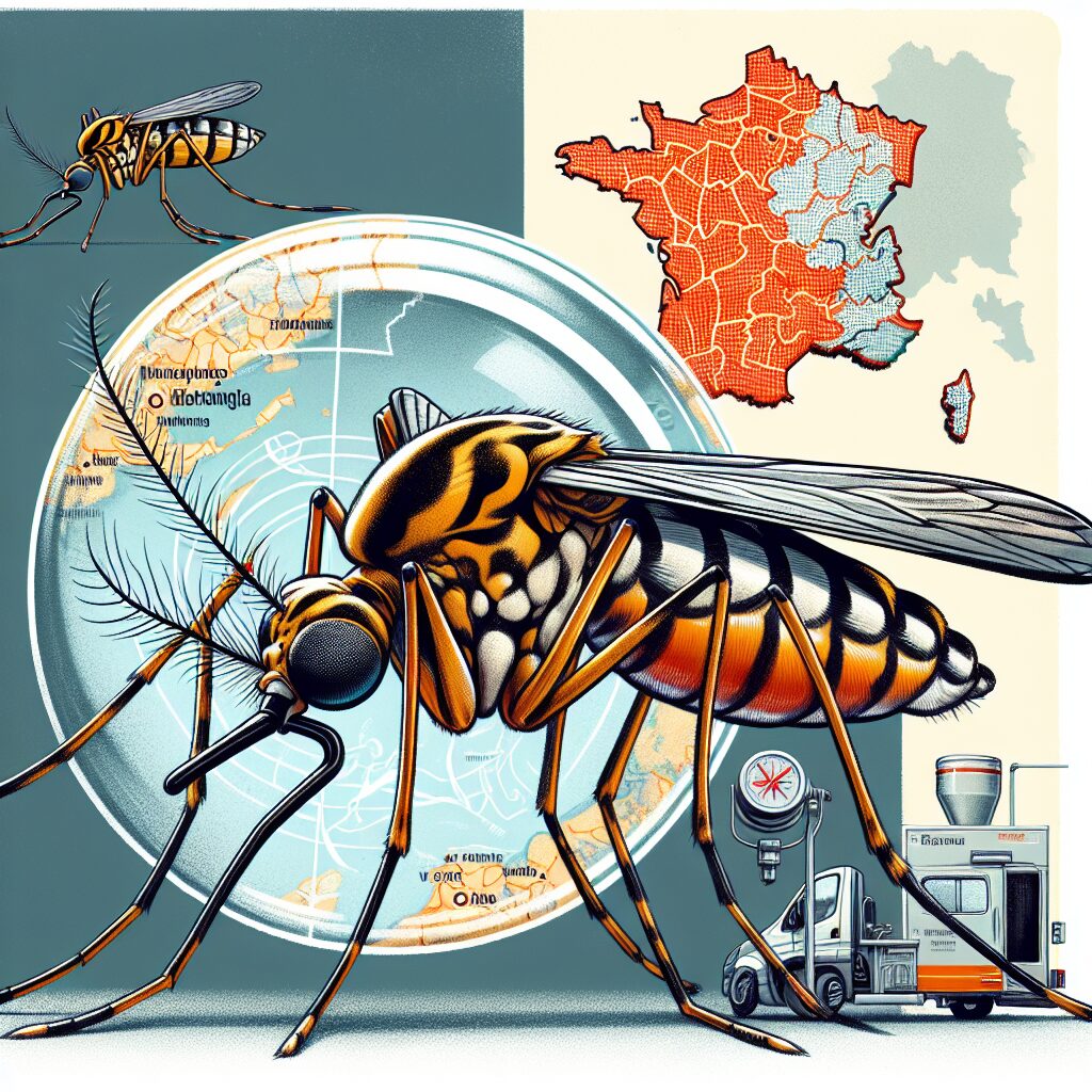 Image d'illustration d'un moustique tigre en gros plan, avec en arrière-plan des cartes de France montrant les zones touchées par le chikungunya, et des équipements de démoustication modernes.