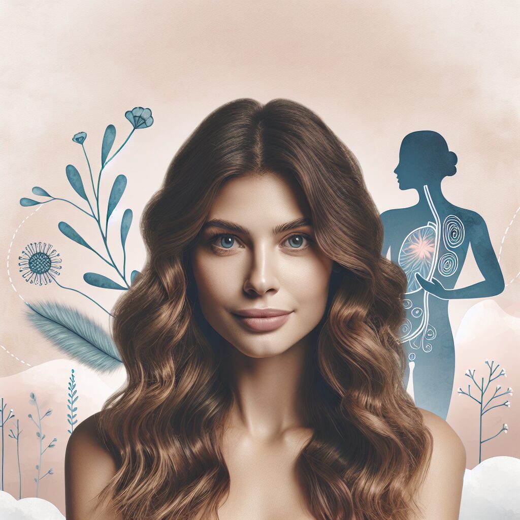 Portrait de Selena Gomez, rayonnante mais introspective, dans un décor doux et apaisant, symbolisant la lutte contre une maladie auto-immune, avec des motifs évoquant le courage et la résilience.