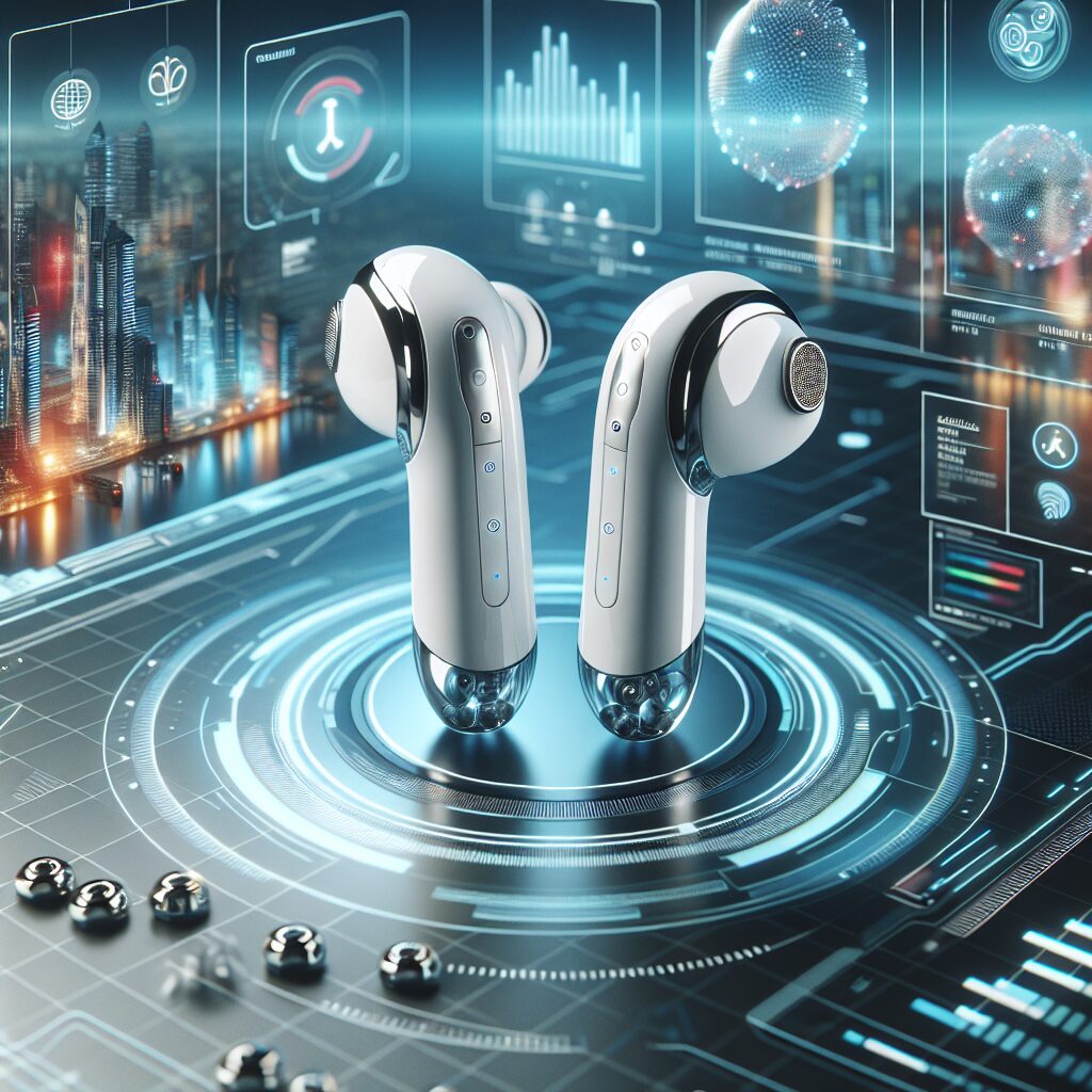 A futuristic image of Apple AirPods Pro 3, showcasing their sleek design and highlighting features like noise cancellation, health tracking, and real-time translation. The scene conveys a sense of cutting-edge technology and innovation.