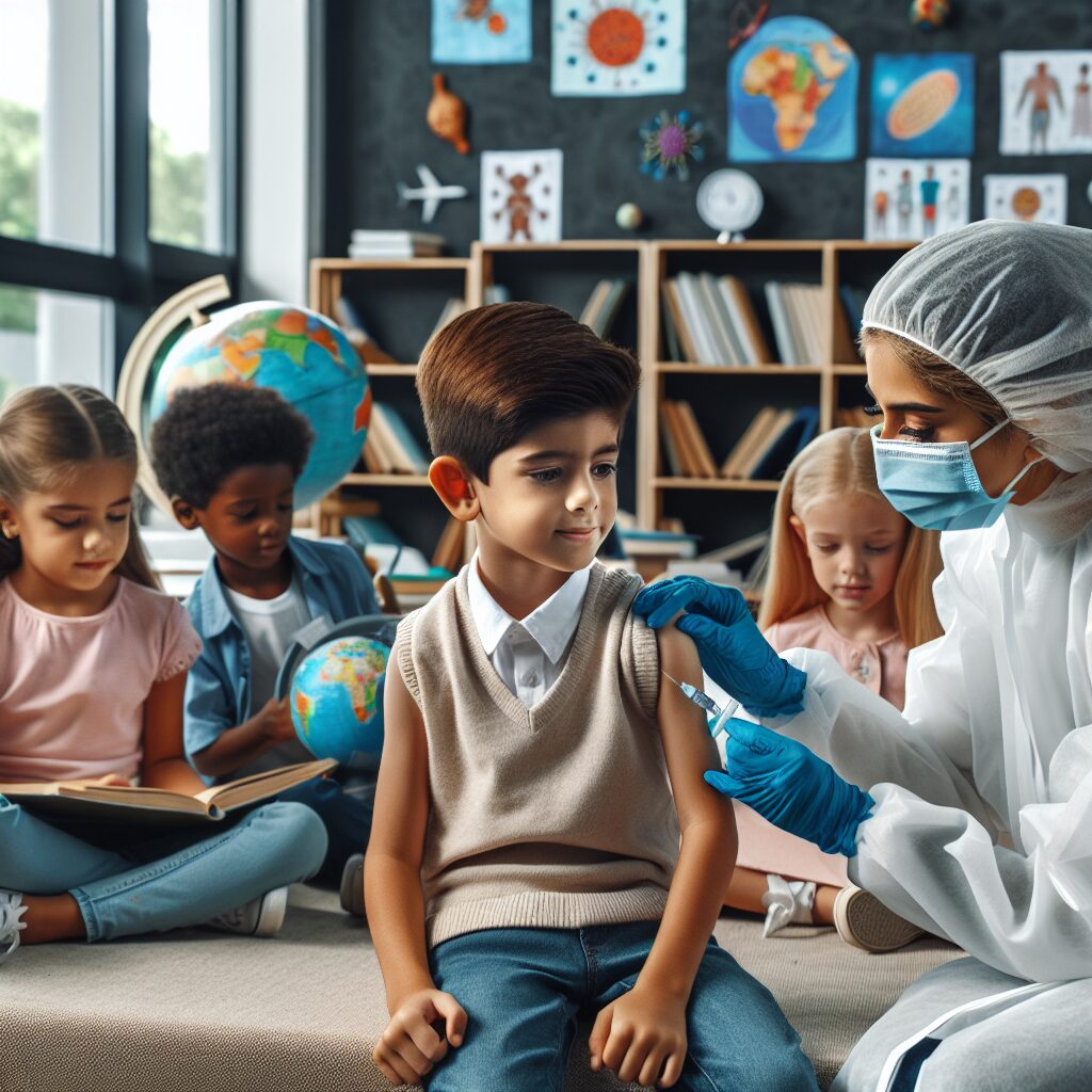 A young child receiving a vaccination in a school environment, with a healthcare professional in a protective, caring stance. The setting is modern, inclusive, and educational, reflecting a diverse group of children symbolizing societal health priorities.