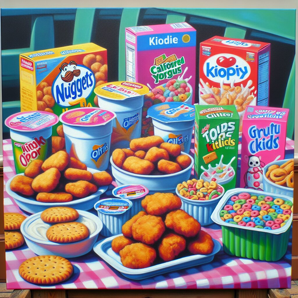 A colorful assortment of processed food items typically found in children's diets, such as chicken nuggets, sweetened yogurts, and packaged snacks, placed on a table, symbolizing the prevalence of ultraprocessed foods in children's meals.