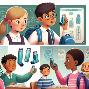 An illustrative image showing children in a school environment with elements representing asthma, like inhalers, to symbolize awareness and preparedness for asthma management during the school year.