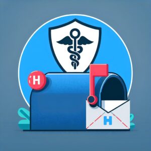 Illustration d'une boîte aux lettres contenant une enveloppe suspecte, avec un fond mettant en évidence le logo de l'Assurance Maladie en arrière-plan, symbolisant la vigilance contre les fraudes.