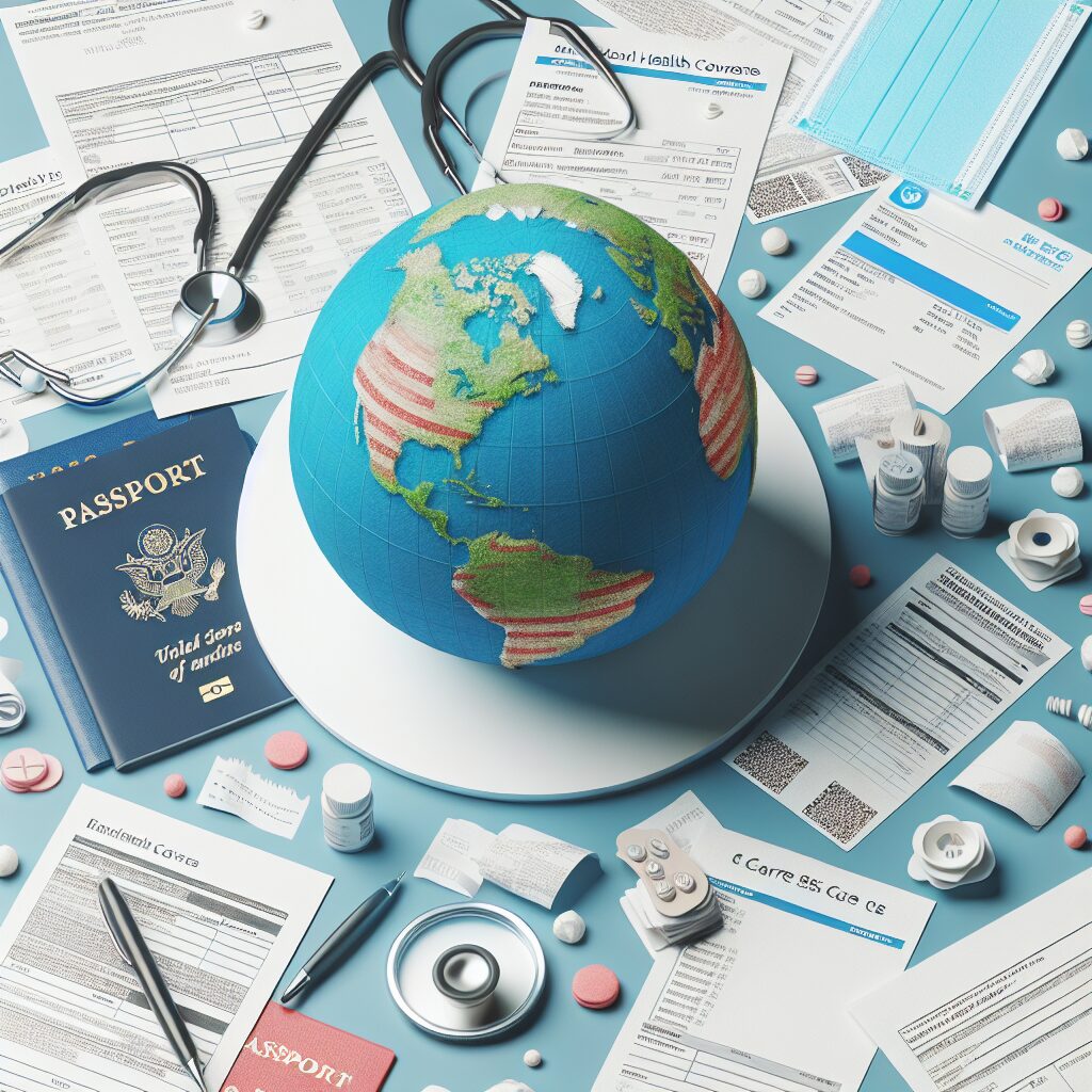 Un globe terrestre entouré de documents médicaux, volets de soins, factures et passeports, symbolisant le remboursement des soins médicaux à l'étranger.