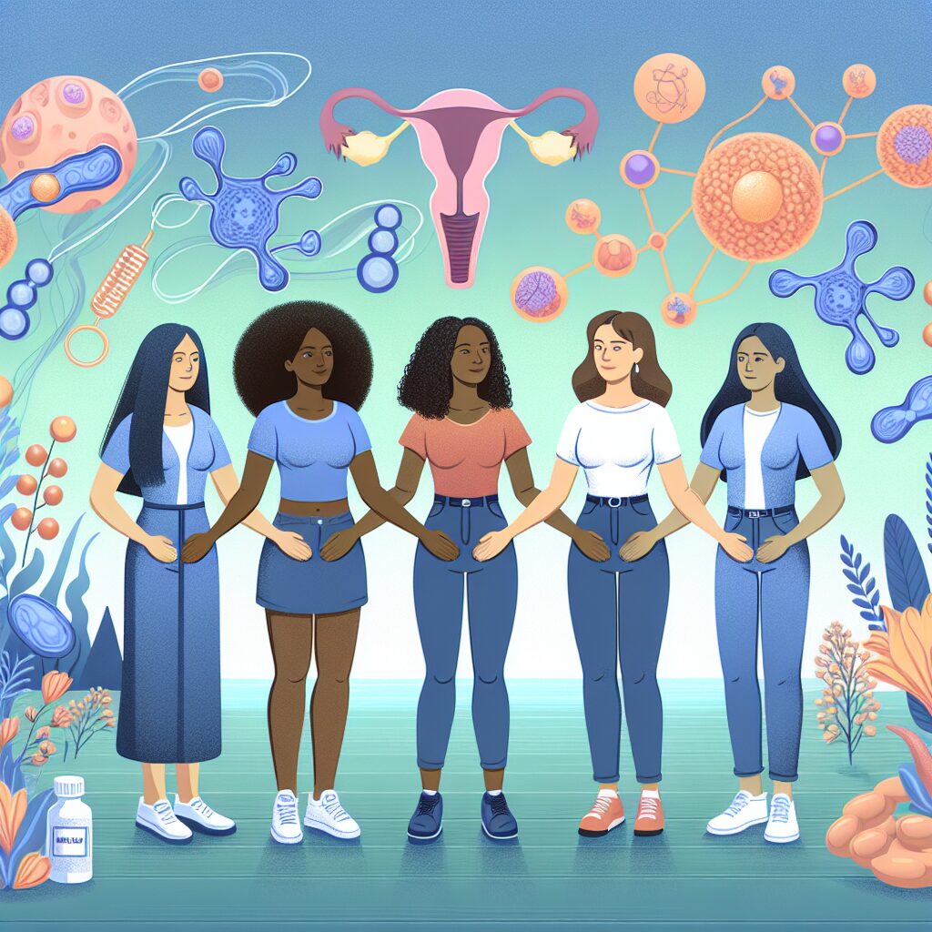 A diverse group of women supporting each other, symbolizing strength and unity, with a backdrop of medical imagery representing the hormonal and reproductive aspects of PCOS. The setting should feel empowering and hopeful, capturing the essence of overcoming health challenges.