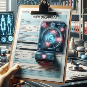 A detailed visual representation showcasing the new secure paper form for work stoppage, featuring holographic and magnetic ink elements, with a doctor's office and medical equipment in the background.