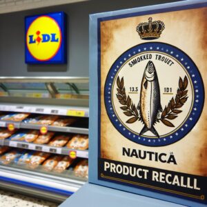 Avertissement de rappel de produit dans un supermarché, paquet de truite fumée Nautica avec logo Lidl, ambiance de précaution sanitaire, tons neutres et bleus
