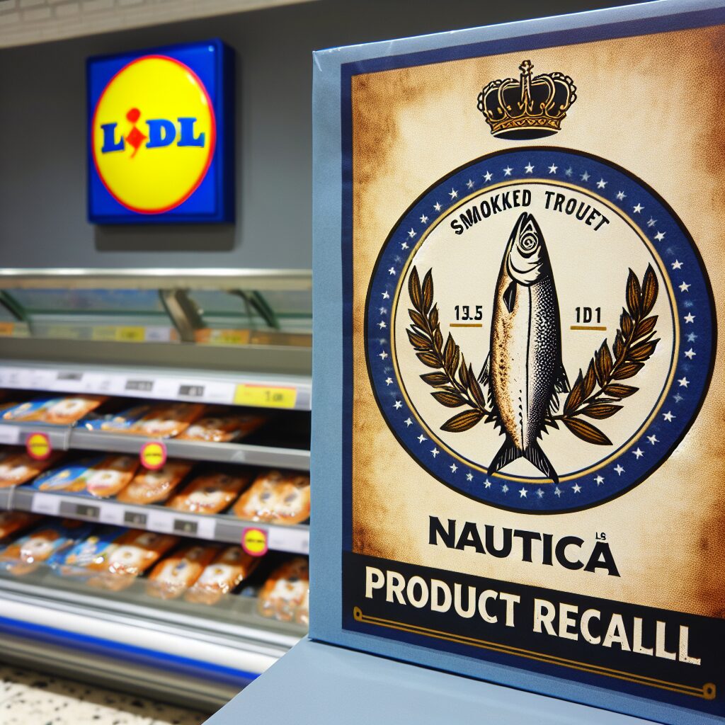 Avertissement de rappel de produit dans un supermarché, paquet de truite fumée Nautica avec logo Lidl, ambiance de précaution sanitaire, tons neutres et bleus