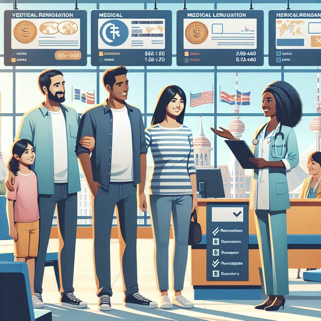 A family on vacation abroad, visiting a hospital, depicting an administrative process for medical reimbursement, showing diverse international environments, with a friendly and helpful healthcare professional assisting them.