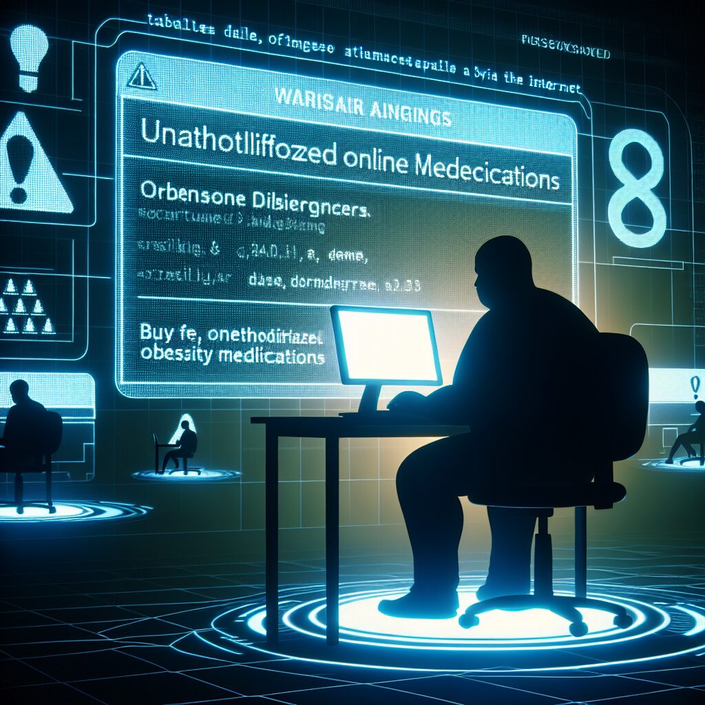 A concept image illustrating the illegal online sale of obesity medications, featuring a shadowy figure using a computer to buy or sell pills online, surrounded by warning signs and digital graphics indicating illegality.