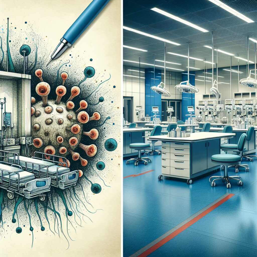 An illustration of a hospital environment with a representation of a microscopic fungus spreading, demonstrating the threat it poses to healthcare settings.