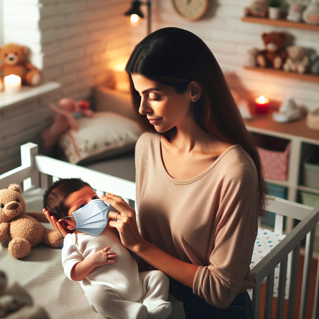 A caring parent putting a face mask on their newborn in a warmly lit nursery, surrounded by nurturing elements like soft toys and baby care products, emphasizing the theme of protection against respiratory infections.