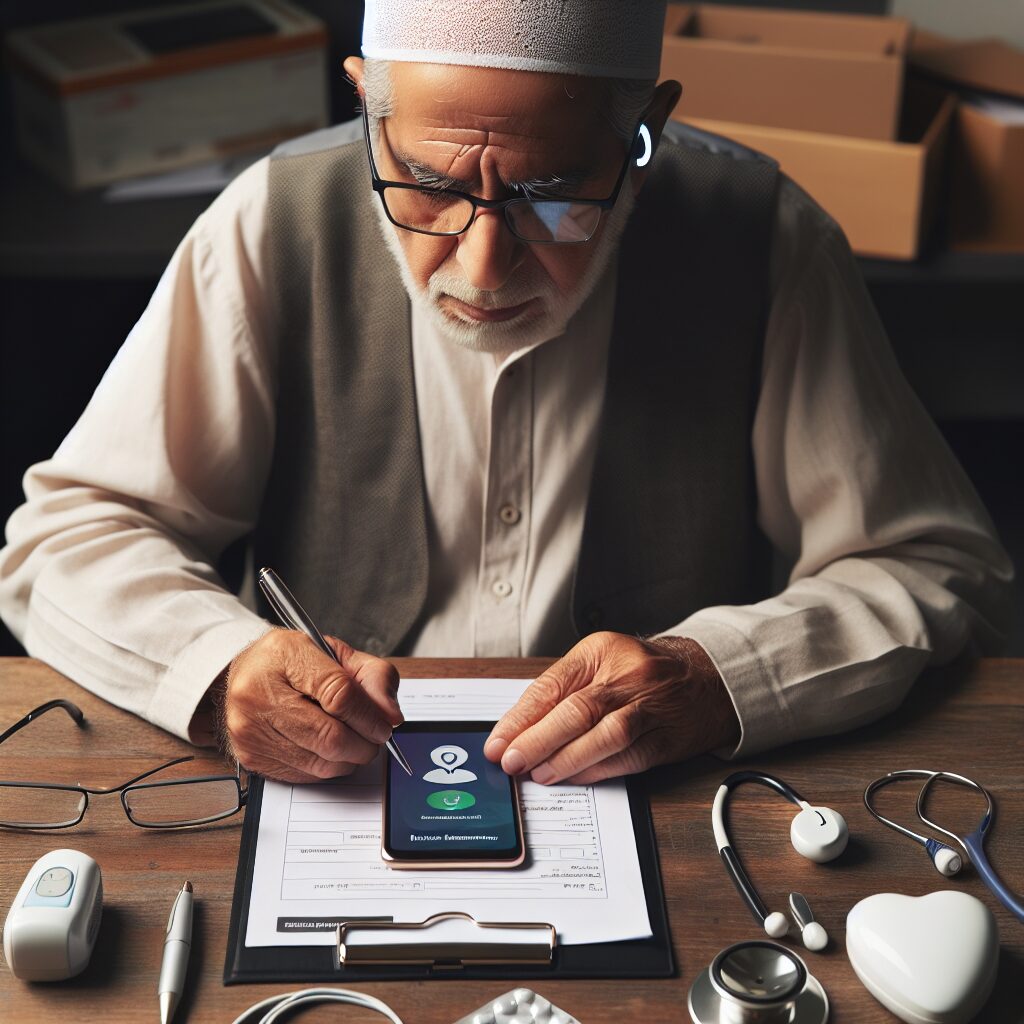 An elderly person sitting at a table, surrounded by healthcare-related items like glasses, a hearing aid, and a smartphone with the ICOPE application display. The person is filling out a questionnaire with a look of concentration, symbolizing health monitoring and autonomy assessment.