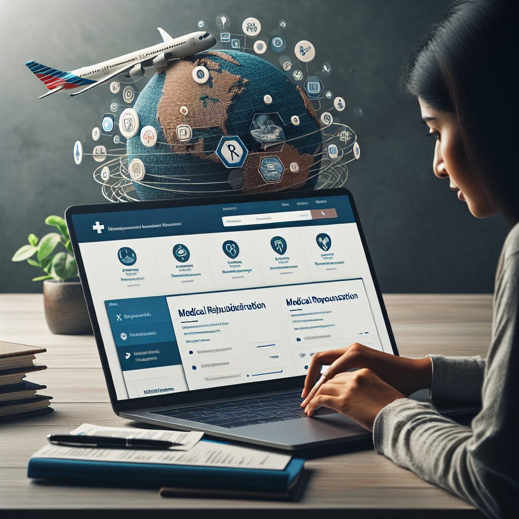 A person using a laptop to navigate through a healthcare website, with travel elements like a globe or airplane, symbolizing medical reimbursement while abroad.