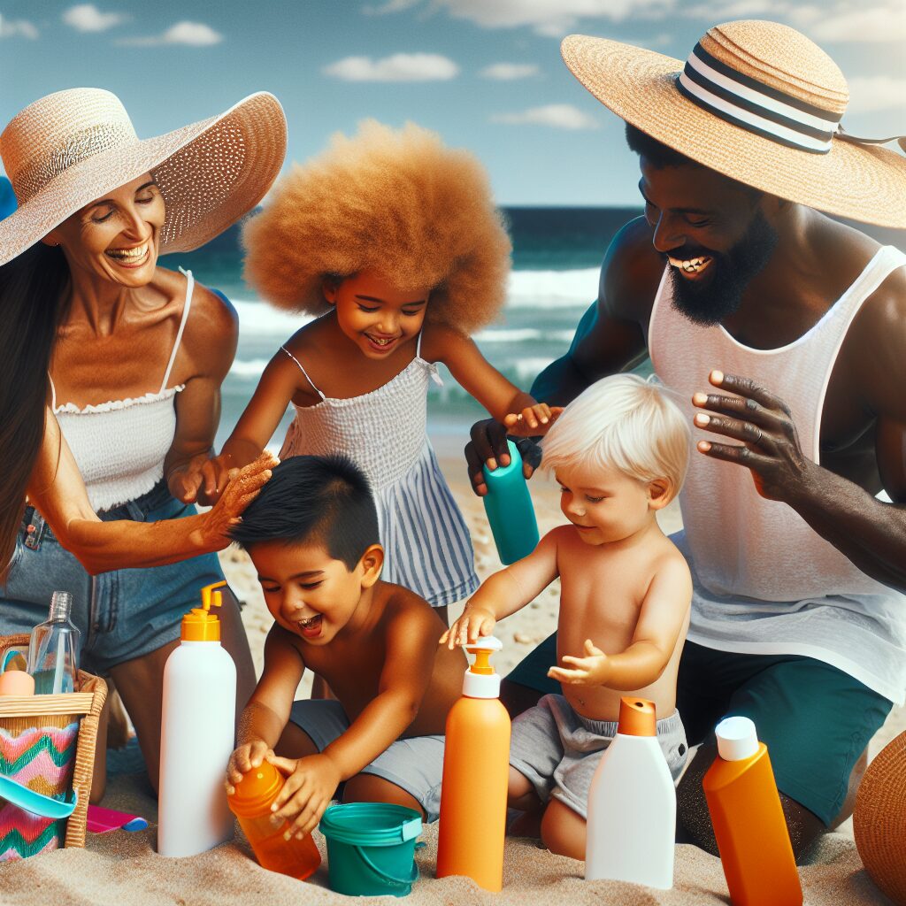 A vibrant summer scene showing a family enjoying a sunny day at the beach, with elements like sunscreen, hats, and water bottles visible, emphasizing health and protection under the sun.