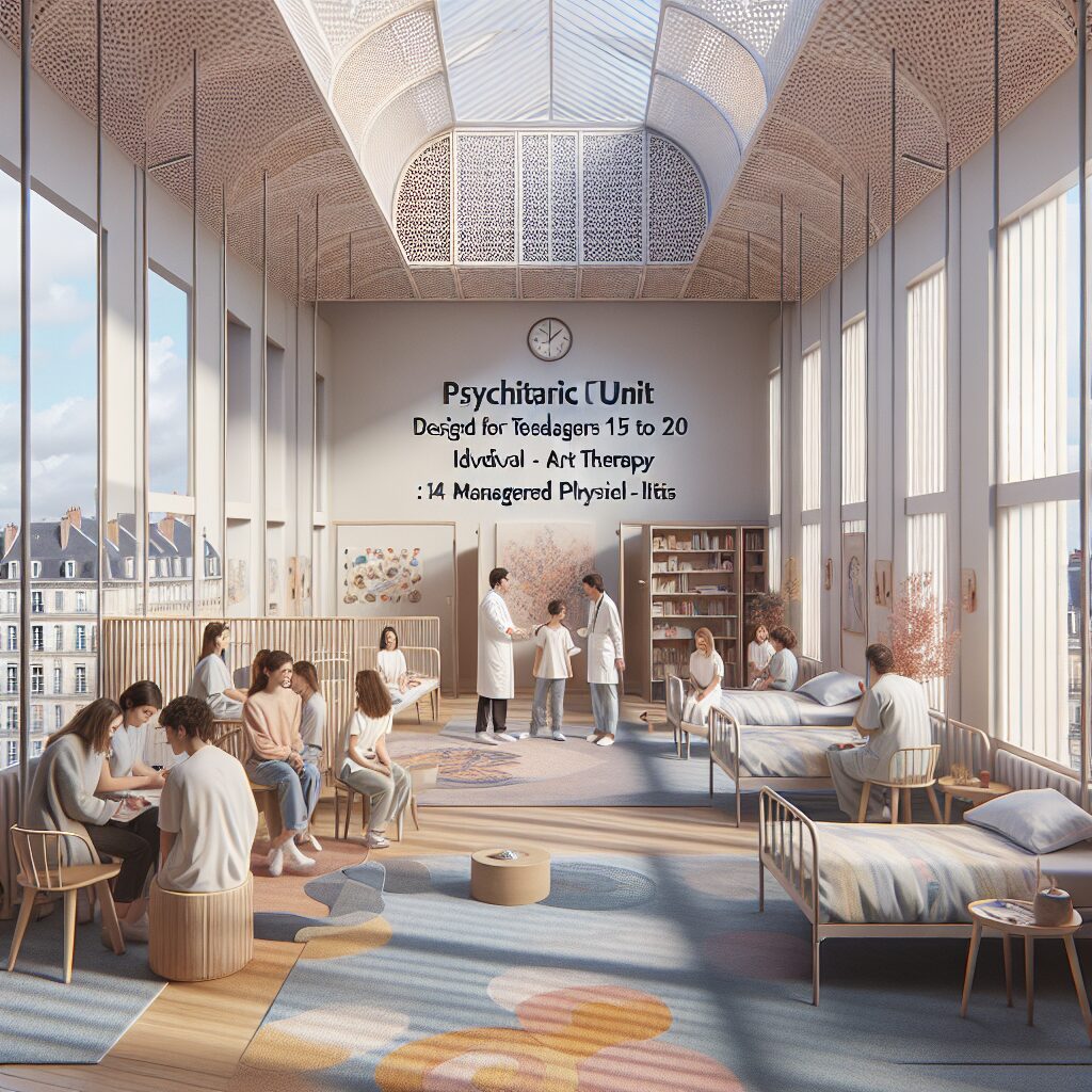 A modern psychiatric unit, focusing on young teens aged 15 to 20, with a calm, therapeutic atmosphere, located in a hospital in Nantes, France.