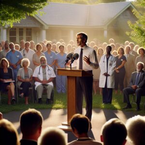 French Prime Minister Sébastien Lecornu giving a speech at a healthcare facility in a rural setting, with a focus on accessibility and community health support.