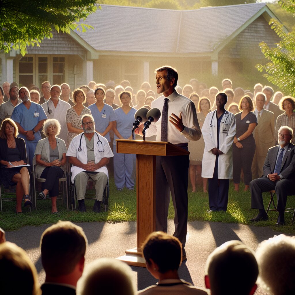 French Prime Minister Sébastien Lecornu giving a speech at a healthcare facility in a rural setting, with a focus on accessibility and community health support.