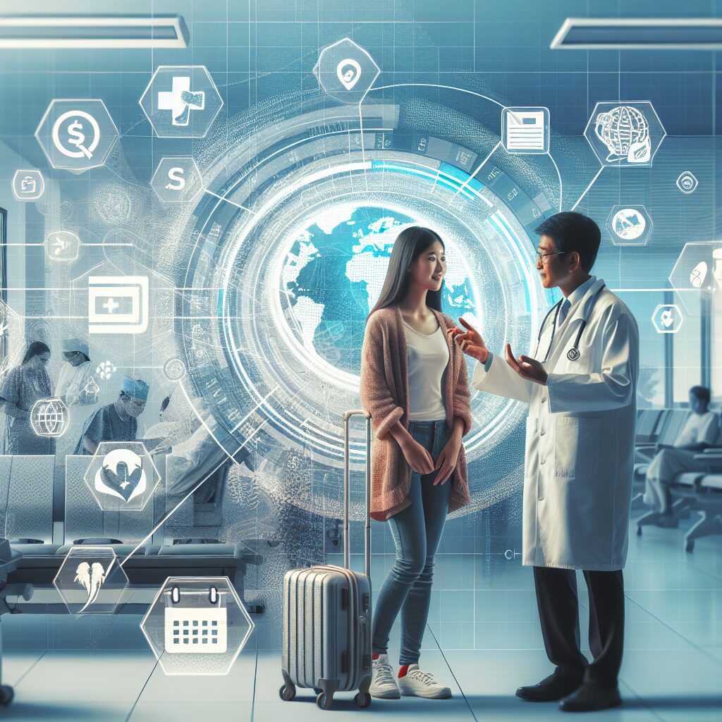 An illustration depicting a traveler at a foreign hospital, alongside digital icons representative of the Ameli online platform, symbolizing the process of medical reimbursement for overseas treatments.