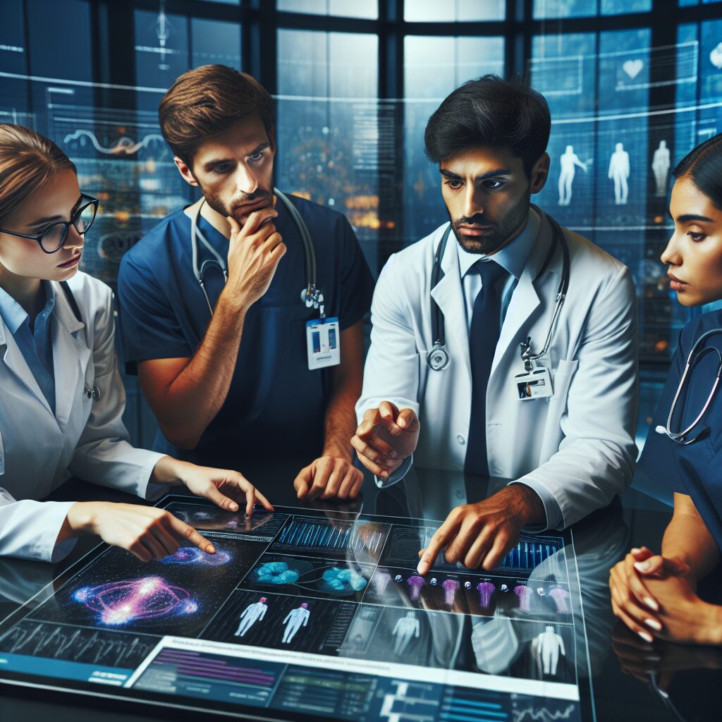 A modern medical setting showcasing a diverse group of healthcare professionals discussing a large chart showing statistics and evidence-based health interventions, colorful graphs and data in the background.
