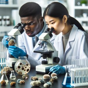 A close-up of a medical laboratory setting with researchers examining a fungal sample under a microscope, illustrating the spread of a dangerous fungal infection in a hospital environment.