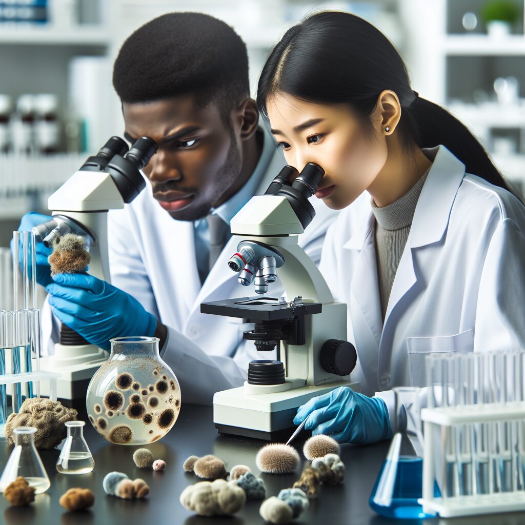 A close-up of a medical laboratory setting with researchers examining a fungal sample under a microscope, illustrating the spread of a dangerous fungal infection in a hospital environment.