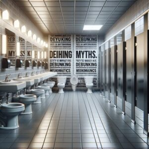An illustrative image of a public restroom with toilet paper holders, emphasizing a sense of debunking myths and misinformation, realistic and detailed.