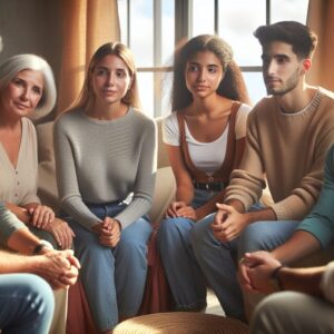 A diverse group of people of various ages and backgrounds engaging in a supportive and understanding psychological therapy session, set in a warm and welcoming environment.