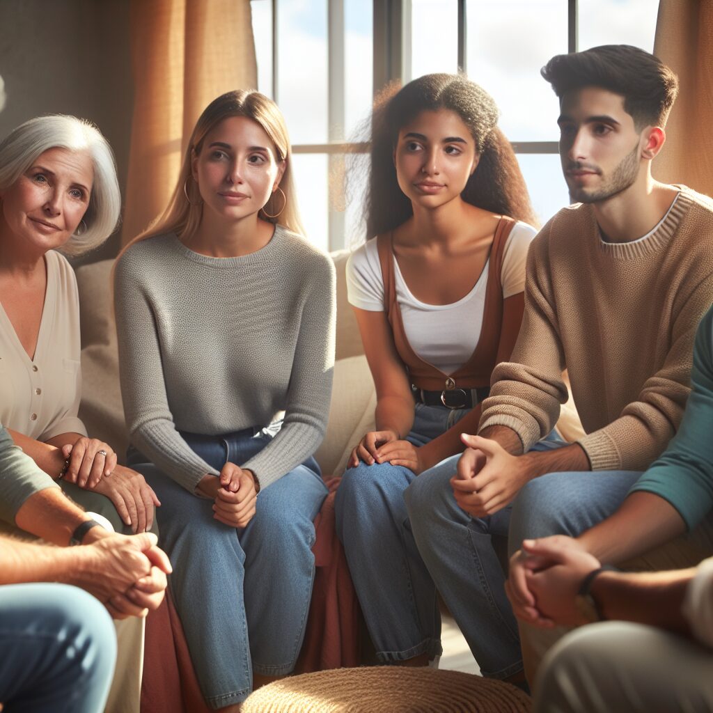 A diverse group of people of various ages and backgrounds engaging in a supportive and understanding psychological therapy session, set in a warm and welcoming environment.