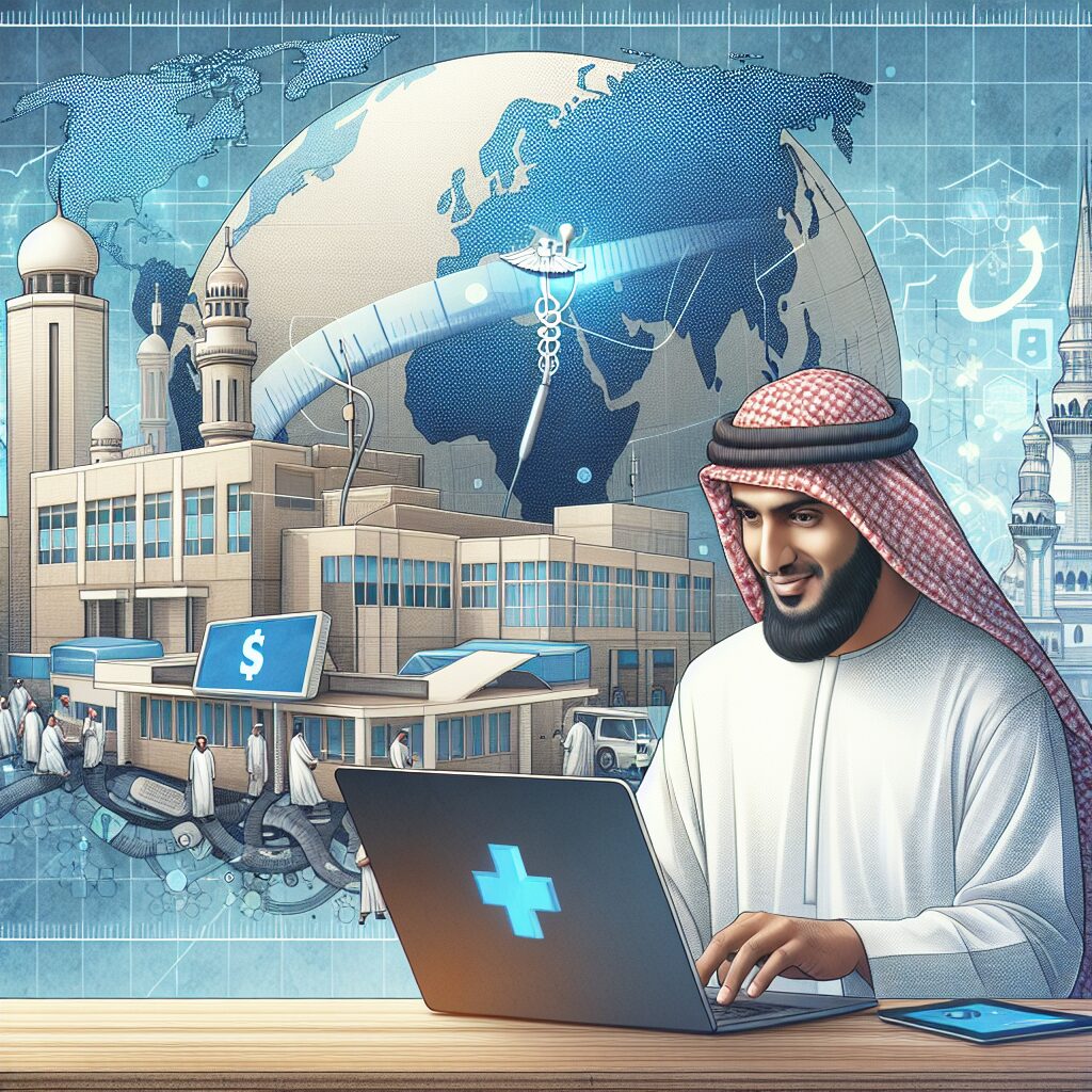 A digital illustration showing a person using a laptop in a foreign country with a background of a hospital, depicting the theme of international healthcare and online reimbursement through the Ameli account.